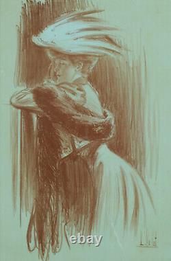 Ancienne lithographie portrait Jeune femme élégante costume art nouveau L VALLET