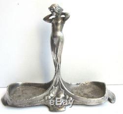 Ancienne salière Art Nouveau Jugendstil métal argenté, sculpture Femme et houx