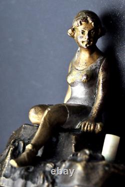 Ancienne sonnette interrupteur en bronze de Vienne, sculpture femme, art nouveau