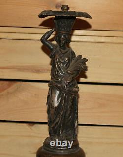 Ancienne statuette Art Nouveau en laiton argenté fait main femme tenant du blé