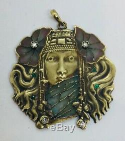 Antique 14k or Jaune Art Nouveau Femme Plique A Jour Diamant & Émeraude