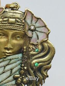 Antique 14k or Jaune Art Nouveau Femme Plique A Jour Diamant & Émeraude