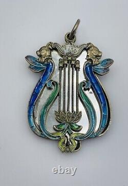 Antique Art Nouveau Russe 84 Argent Émail Aile Femme Harpe Slide Miroir Pendant