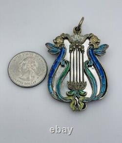 Antique Art Nouveau Russe 84 Argent Émail Aile Femme Harpe Slide Miroir Pendant