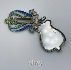 Antique Art Nouveau Russe 84 Argent Émail Aile Femme Harpe Slide Miroir Pendant
