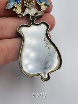 Antique Art Nouveau Russe 84 Argent Émail Aile Femme Harpe Slide Miroir Pendant
