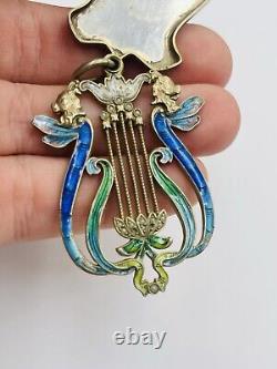 Antique Art Nouveau Russe 84 Argent Émail Aile Femme Harpe Slide Miroir Pendant