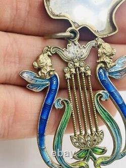 Antique Art Nouveau Russe 84 Argent Émail Aile Femme Harpe Slide Miroir Pendant