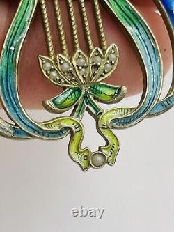 Antique Art Nouveau Russe 84 Argent Émail Aile Femme Harpe Slide Miroir Pendant