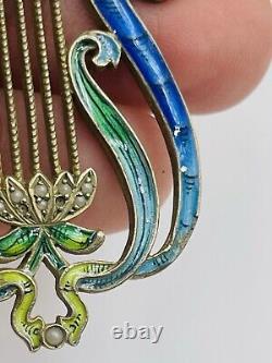 Antique Art Nouveau Russe 84 Argent Émail Aile Femme Harpe Slide Miroir Pendant