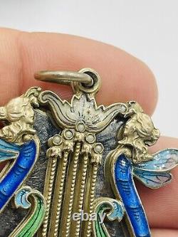 Antique Art Nouveau Russe 84 Argent Émail Aile Femme Harpe Slide Miroir Pendant