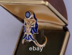 Antique Chauve-Souris Sculpture Femmes Bague Art Nouveau Style 14k Or Émail