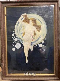 Antique Original Peinture Illustration Art Nouveau Femme Bulles Pinup Encadré 25