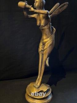 Antique (Style Art Nouveau) Bronze Statue De Femme / Libellule Buvant Nectar