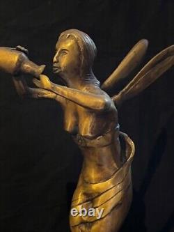 Antique (Style Art Nouveau) Bronze Statue De Femme / Libellule Buvant Nectar