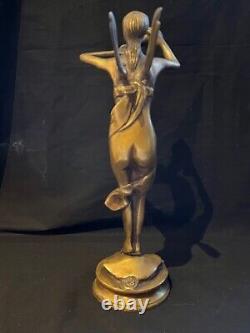 Antique (Style Art Nouveau) Bronze Statue De Femme / Libellule Buvant Nectar