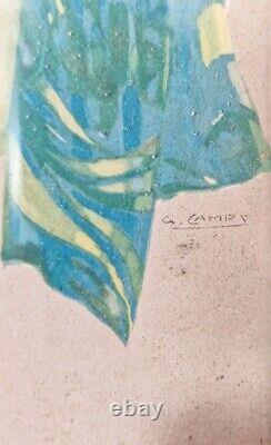 Antique gravure affiche lithographie art nouveau femme raisins G. Camps / Mucha