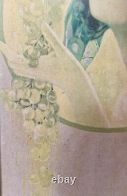 Antique gravure affiche lithographie art nouveau femme raisins G. Camps / Mucha