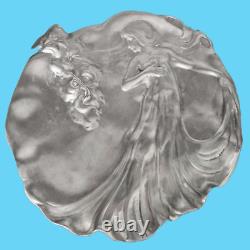 Antiquité plat cadre étain pur art nouveau femme élégante decoration sculpture