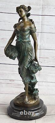 Art Déco / Nouveau Fonte Récolte Fille Femme Bronze Sculpture Marbre Base