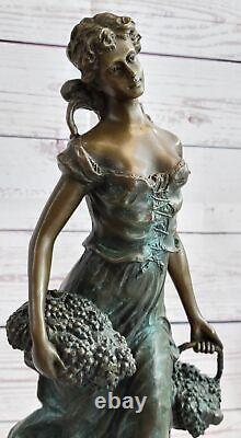 Art Déco / Nouveau Fonte Récolte Fille Femme Bronze Sculpture Marbre Base
