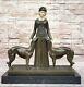 Art Déco Nouveau Superbe Femme Avec Her Deux Chiens Bronze Statue'lost' Cire