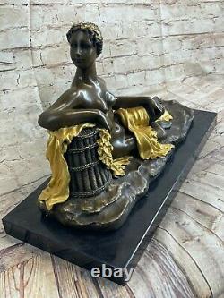 Art Déco / Nouveau Très Lourd Chair Fille Femelle Femme Véritable Bronze Statue