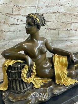Art Déco / Nouveau Très Lourd Chair Fille Femelle Femme Véritable Bronze Statue