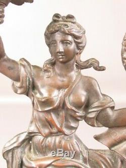 Art Nouveau Antique Statue Femme Bronze avec Porte Bougie Pendule XIX Seconde
