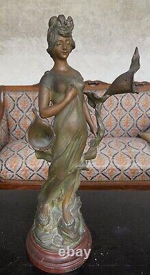 Art Nouveau Jules Barian Sculpture L'arome Femme Arums Patine Bronze Vert Brun