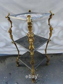 Art Nouveau Rare Table Sellette Fonte + Bronze Femme Cariatide + Marbre Tbe