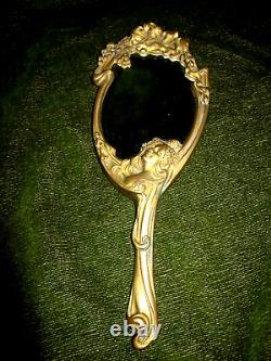 Art Nouveau face a main en bronze miroir biseauté femme