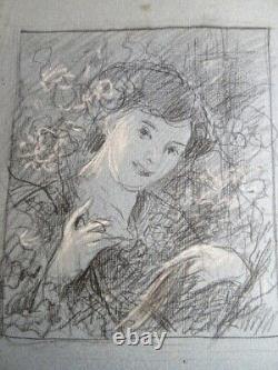 Att. Edmond AMAN-JEAN 1860-1936 DESSIN PORTRAIT FEMME FEUILLAGE ART NOUVEAU 1900
