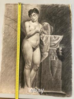 Beau Dessin Fusain Femme Nu Nue Erotique 1920 Pas Identifié, Art Nouveau Ancien