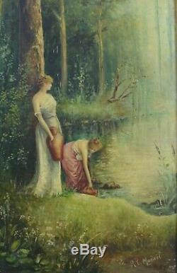 Beau Tableau ancien Femme Paysage arboré bord de rivière Forêt art nouveau