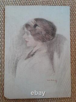 Beau portrait femme dessin original signé Tristan Richard élégante art nouveau