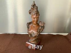 Belle Epoque Art Nouveau Buste Femme Bronze Signé V. Bruyneel / Sculpture