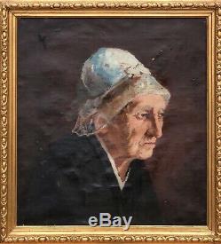 Biedermeier Art Nouveau Portrait de Femme une Plus gés avec Bonnet