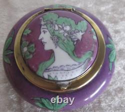 Boite à poudre ancienne céramique à décor buste de femme Art Nouveau