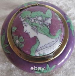 Boite à poudre ancienne céramique à décor buste de femme Art Nouveau
