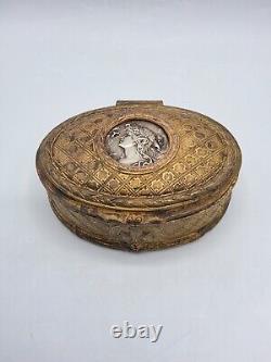 Boîte coffret à bijoux régule médaillon métal argenté profil femme Art Nouveau