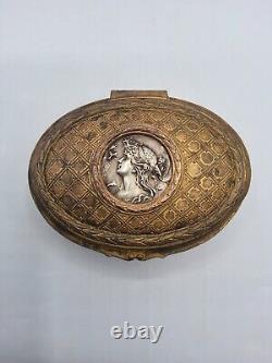 Boîte coffret à bijoux régule médaillon métal argenté profil femme Art Nouveau