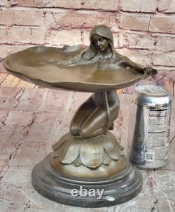 Bol En Bronze Art Nouveau Fait Main Femme Nénuphar Sculpture