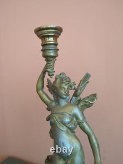 Bougeoir ancien en bronzeet marbre Femme ailée Style Art Nouveau / Napoléon
