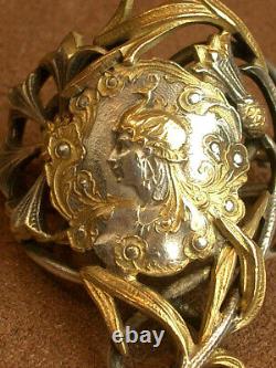 Broche Epingle A Foulard Ancienne Art Nouveau Metal Argenté Doré Decor De Femme