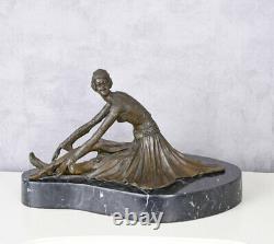 Bronze Antique Art Déco Sculpture Socle en Marbre Figure Féminine Orient