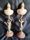 Bruchon / Paire De Lampes à Pétrole Régule & Verre émaillé / Femmes Art Nouveau
