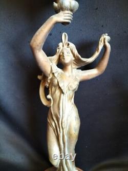 Bruchon / Paire de lampes à pétrole régule & verre émaillé / Femmes Art Nouveau