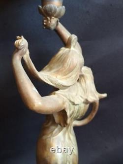 Bruchon / Paire de lampes à pétrole régule & verre émaillé / Femmes Art Nouveau