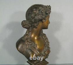 Buste Art Nouveau Jeune Femme A La Couronne De Fleurs Sculpture Bronze Ancien
